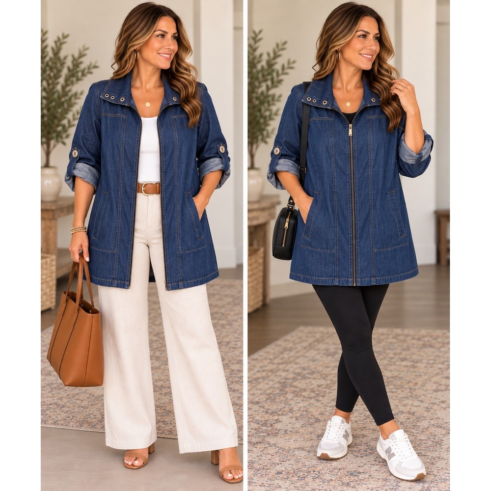 AMX Blue Chambray Zip Front Utility Jacket Medium Roll Tab Sleeves